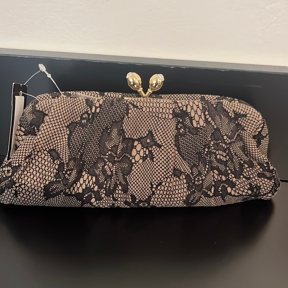 New with tags, never used kisslock  rouched evening, bag, lace pattern, black